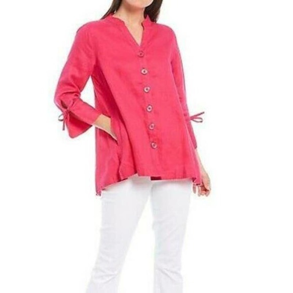 John Mark Button Down Shirt Size S Collared 3/4 Tie Sleeve Top Blouse Pink Linen - Picture 1 of 7